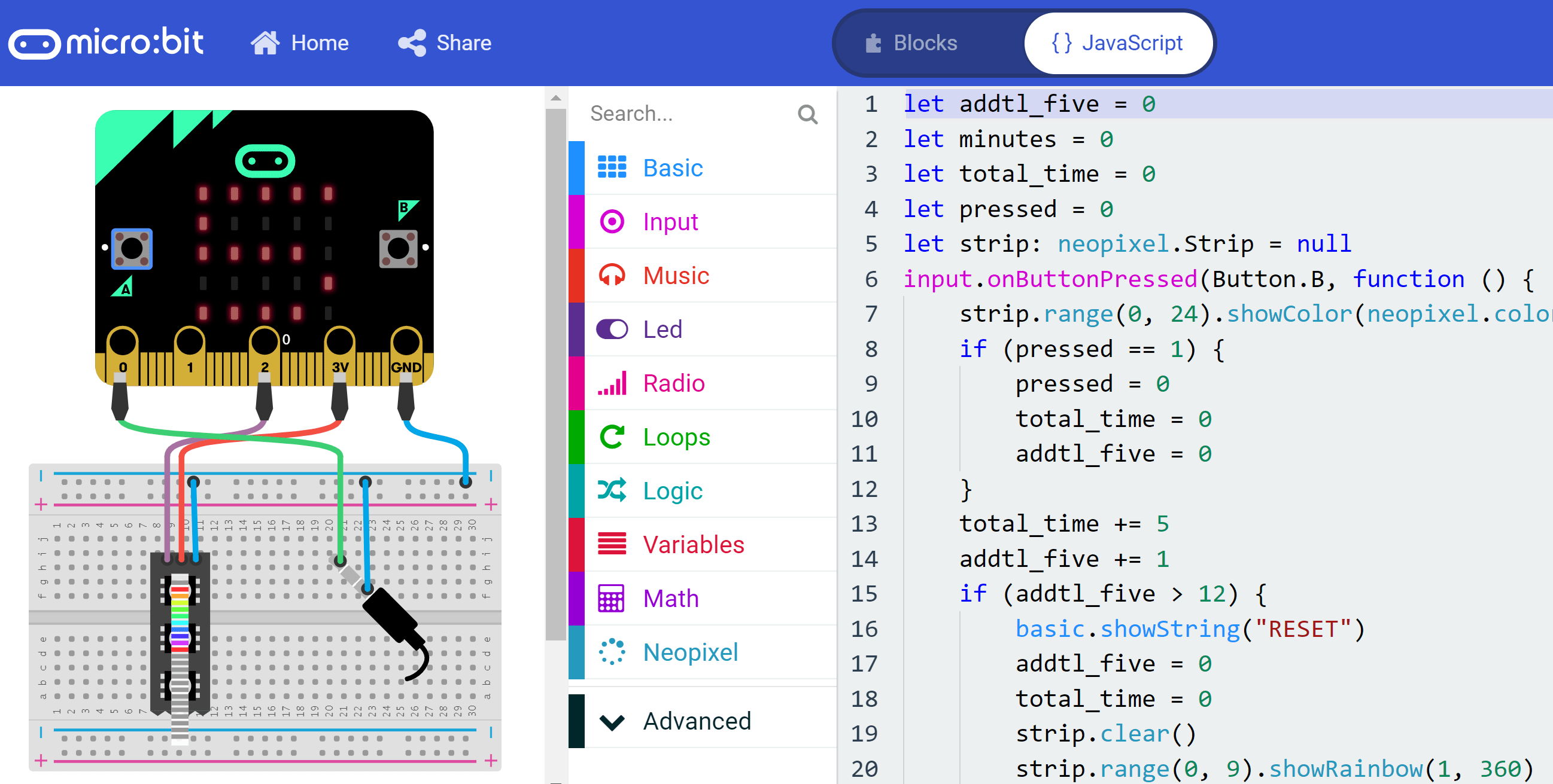 micro:bit Timer JS Code