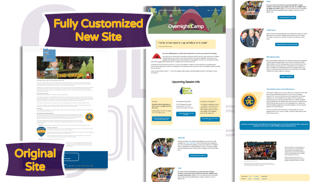 Camp Blue Spruce site before and after overnight camp page