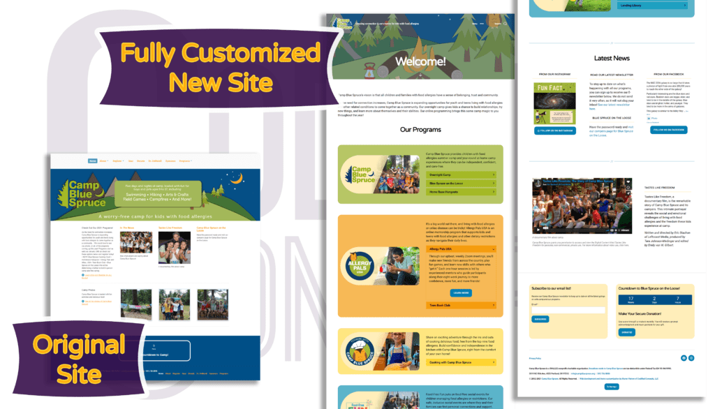 Camp Blue Spruce site before and after homepage